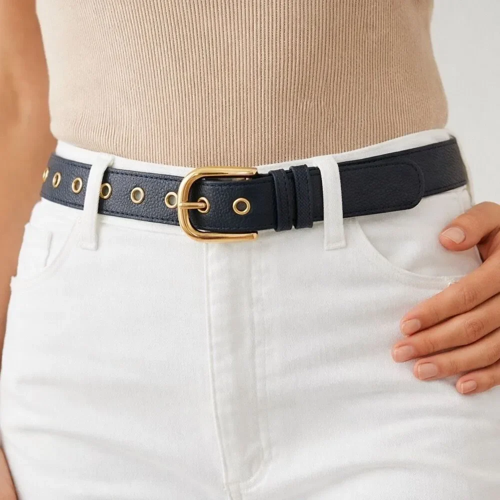 Talbots Contour Navy Pebbled Leather Belt Gold Grommet Buckle Italy Large
